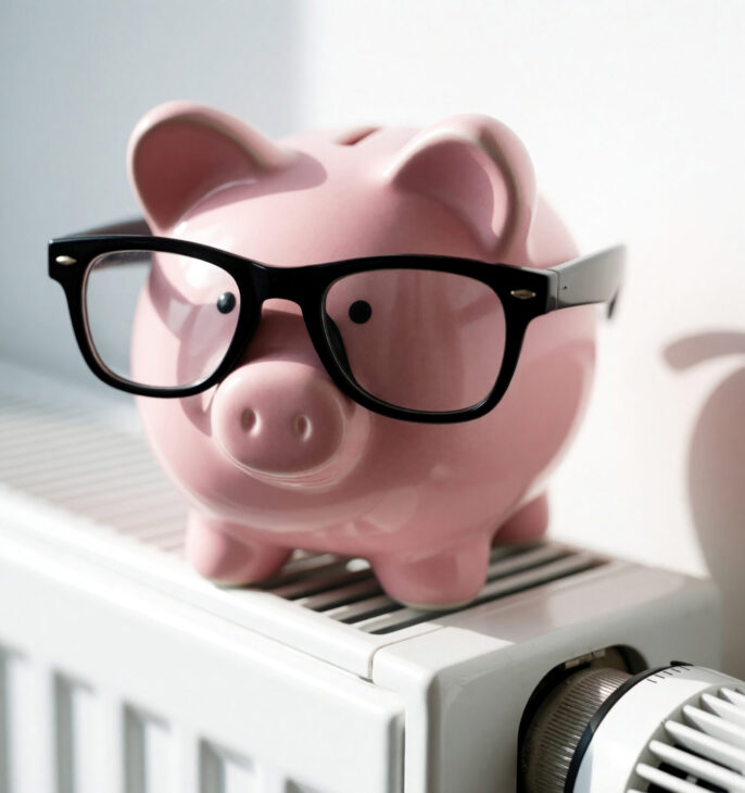 radiateur sur lequel est d&eacute;pos&eacute; un tirelire en forme de cochon avec des lunettes afin de symboliser les potentiels &eacute;conomies sur la facture &eacute;nerg&eacute;tique
