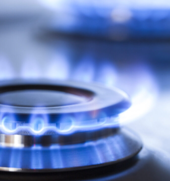 Gros plan sur un br&ucirc;leur &agrave; gaz allum&eacute; avec une flamme bleue.