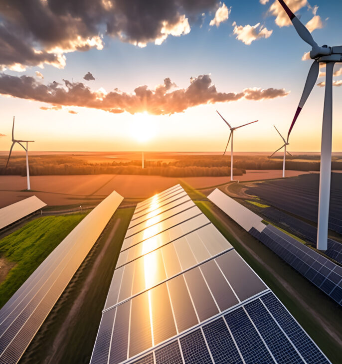 Parc &eacute;olien et centrale solaire produisant de l'&eacute;nergie renouvelable au coucher du soleil.