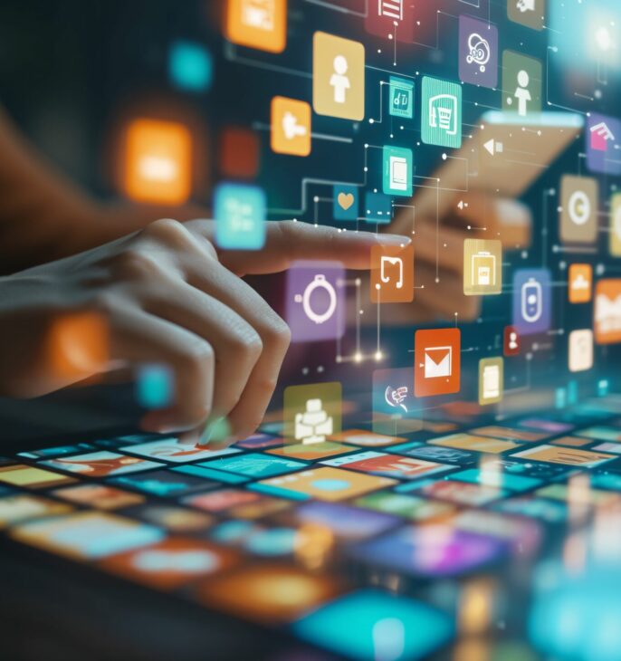 Utilisateur interagissant avec une interface num&eacute;rique compos&eacute;e d'applications et de services connect&eacute;s.