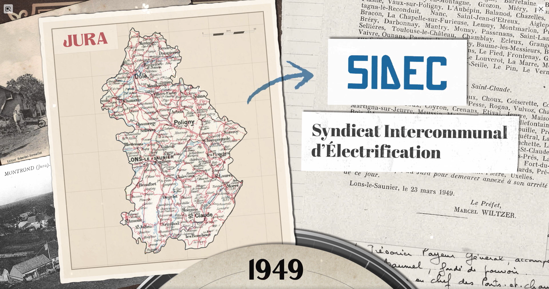 carte du jura style ancien avec vieux logo du SIDEC du Jura