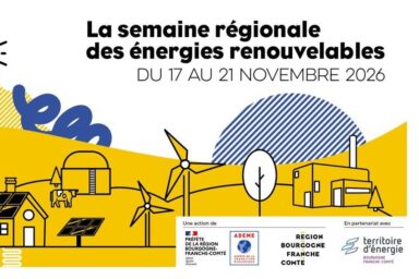 Affiche de l'&eacute;v&egrave;nement de la Semaine r&eacute;gionale des &eacute;nergies renouvelables du 17 au 21 novembre 2026. Les d&eacute;cors sont jaunes avec des vaches, maisons, &eacute;oliennes, panneau solaires, arbres et colines.