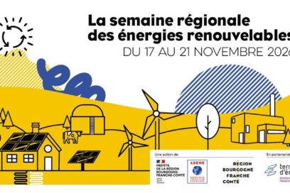 Affiche de l'&eacute;v&egrave;nement de la Semaine r&eacute;gionale des &eacute;nergies renouvelables du 17 au 21 novembre 2026. Les d&eacute;cors sont jaunes avec des vaches, maisons, &eacute;oliennes, panneau solaires, arbres et colines. - Agrandir l'image, fen&ecirc;tre modale