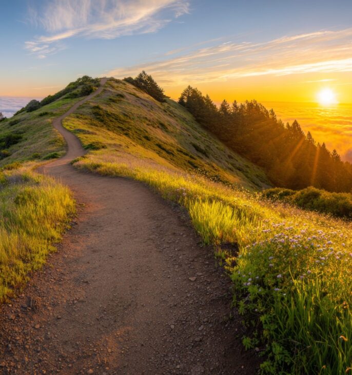 Chemin de montagne serpentant sur une cr&ecirc;te au lever du soleil, &eacute;voquant un parcours et une &eacute;volution au fil du temps.