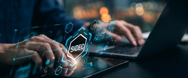 personne sur un ordinateur avec une interface holographique ou au centre est not&eacute; SIDEC