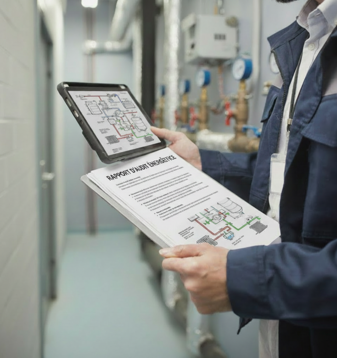 personne dans une chaufferie avec une tablette sur laquelle est affich&eacute; un sch&eacute;ma de chaufferie et un bloc note sur lequel est not&eacute; audit &eacute;nerg&eacute;tique
