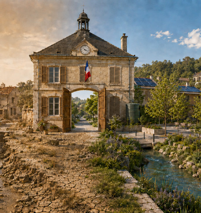 Vue d&rsquo;un village jurassien autour d&rsquo;une mairie. &Agrave; gauche, un paysage sec et d&eacute;grad&eacute; illustre les effets du changement climatique. &Agrave; droite, la pr&eacute;sence d&rsquo;eau, de v&eacute;g&eacute;tation, d&rsquo;arbres d&rsquo;ombrage et de panneaux photovolta&iuml;ques symbolise l&rsquo;adaptation des communes et la transition &eacute;nerg&eacute;tique.