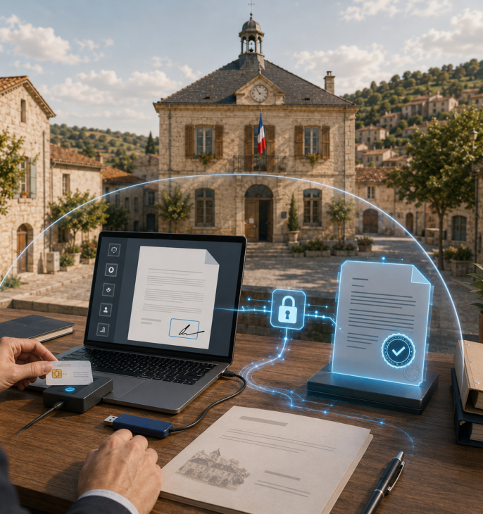 a mairie et l&rsquo;environnement communal ; une carte d&rsquo;authentification et son lecteur ; un ordinateur affichant un document &agrave; signer ; une cl&eacute; de certificat num&eacute;rique ; un document s&eacute;curis&eacute; par un cadenas et un sceau de validation. L&rsquo;ensemble &eacute;voque l&rsquo;identification du signataire, la signature &eacute;lectronique, l&rsquo;int&eacute;grit&eacute; du document et sa valeur de preuve.