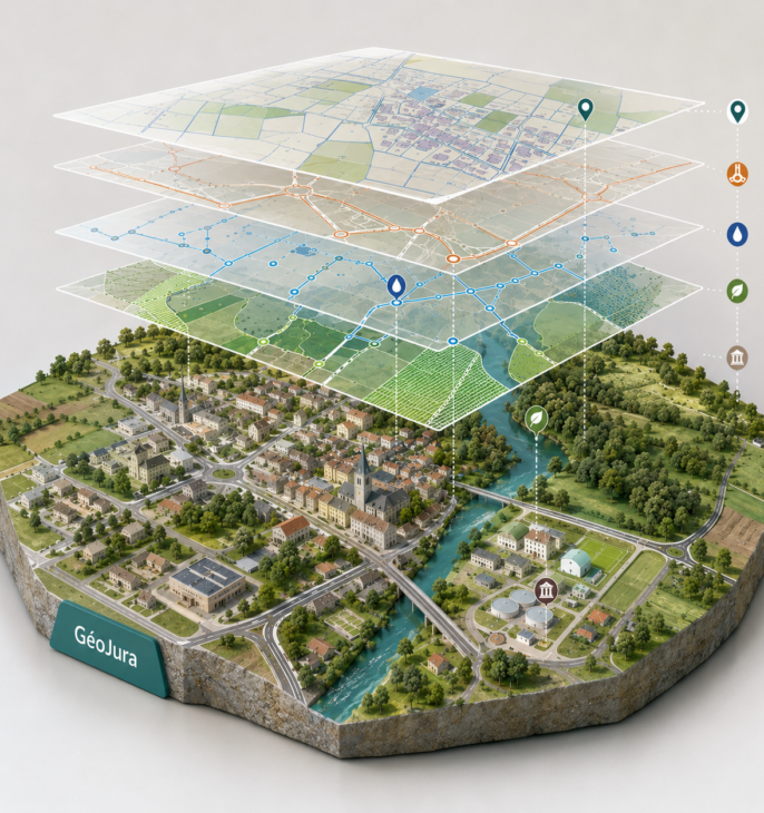 llustration en trois dimensions d&rsquo;un territoire jurassien compos&eacute; d&rsquo;un bourg, de routes, d&rsquo;une rivi&egrave;re, de b&acirc;timents, de r&eacute;seaux et d&rsquo;espaces naturels. Plusieurs couches cartographiques superpos&eacute;es repr&eacute;sentent les donn&eacute;es r&eacute;unies dans G&eacute;oJura : cadastre, voirie, r&eacute;seaux, eau et environnement.