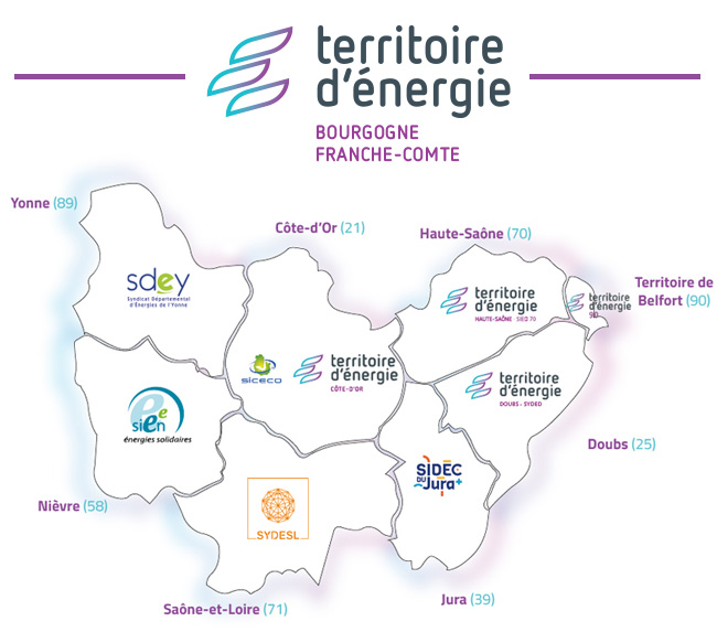 Carte Bourgogne franche comt&eacute; des 8 syndicats qui font partis de l'alliance de territoire d'&eacute;nergie BFC