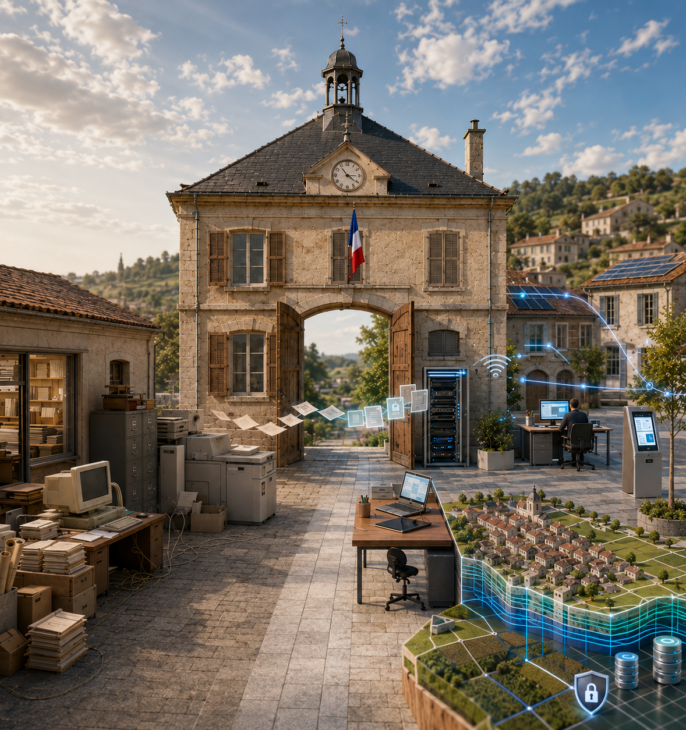 Mairie au centre d&rsquo;un village. &Agrave; gauche, les archives papier et l&rsquo;ancien mat&eacute;riel informatique illustrent les pratiques traditionnelles. &Agrave; droite, les &eacute;quipements connect&eacute;s, le r&eacute;seau s&eacute;curis&eacute; et la cartographie num&eacute;rique symbolisent la transition num&eacute;rique des collectivit&eacute;s.