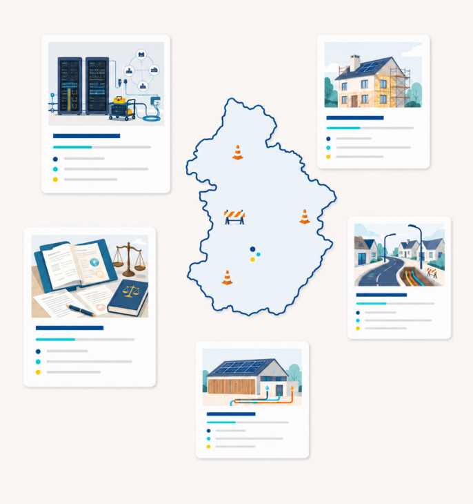 carte illustr&eacute;e du Jura entour&eacute;e de cinq fiches repr&eacute;sentant l&rsquo;informatique, le conseil juridique, la r&eacute;novation des b&acirc;timents, les r&eacute;seaux et voiries ainsi que les installations &eacute;nerg&eacute;tiques.