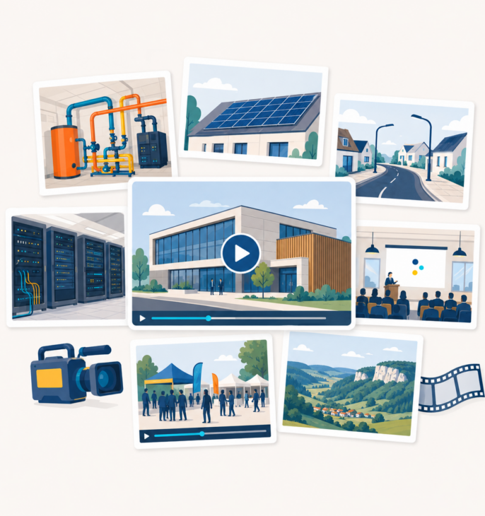 Mosa&iuml;que illustr&eacute;e de photos et de vid&eacute;os pr&eacute;sentant des b&acirc;timents publics, des installations &eacute;nerg&eacute;tiques, des &eacute;quipements informatiques, une voirie r&eacute;nov&eacute;e, un &eacute;v&eacute;nement et un paysage jurassien.