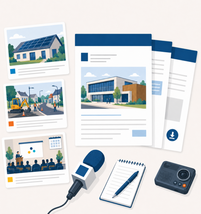 Communiqu&eacute;s de presse et cartes d&rsquo;actualit&eacute; illustr&eacute;es, accompagn&eacute;s d&rsquo;un microphone, d&rsquo;un carnet et d&rsquo;un enregistreur utilis&eacute;s par les journalistes.