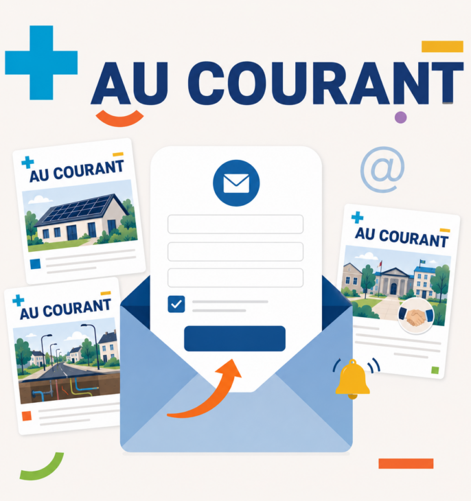 Formulaire d&rsquo;inscription &agrave; la newsletter Au courant plac&eacute; dans une enveloppe, entour&eacute; de plusieurs &eacute;ditions illustr&eacute;es et de symboles de courriel et de notification.