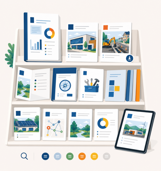 Pr&eacute;sentoir contenant diff&eacute;rents rapports, guides, brochures et fiches illustr&eacute;es, accompagn&eacute; d&rsquo;une tablette et d&rsquo;outils de recherche par th&eacute;matique.