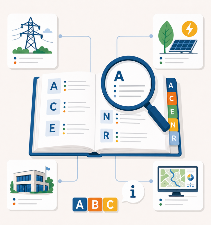 Glossaire ouvert avec des onglets alphab&eacute;tiques et une loupe, entour&eacute; d&rsquo;illustrations repr&eacute;sentant l&rsquo;&eacute;nergie, les r&eacute;seaux, les b&acirc;timents publics et les donn&eacute;es cartographiques.