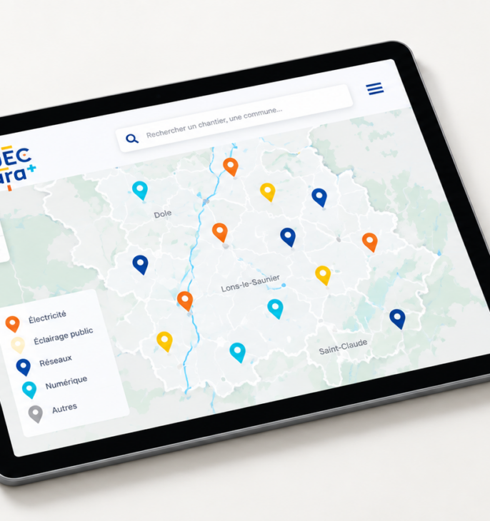 Carte interactive des chantiers du SIDEC du Jura affich&eacute;e sur une tablette, avec des rep&egrave;res color&eacute;s localisant les diff&eacute;rentes interventions sur le territoire.