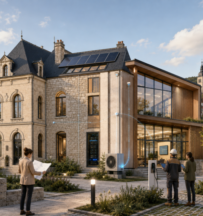 B&acirc;timent public ancien r&eacute;nov&eacute; et agrandi par une extension contemporaine en bois et en verre. Des panneaux solaires, une pompe &agrave; chaleur, une borne de recharge et des &eacute;quipements num&eacute;riques connect&eacute;s illustrent les transitions &eacute;nerg&eacute;tique et num&eacute;rique.
