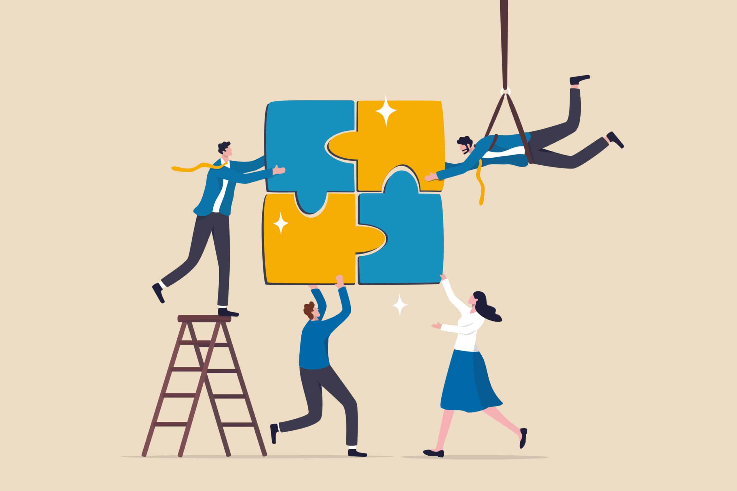 Collaboration work together to solve problem, teamwork unite tog